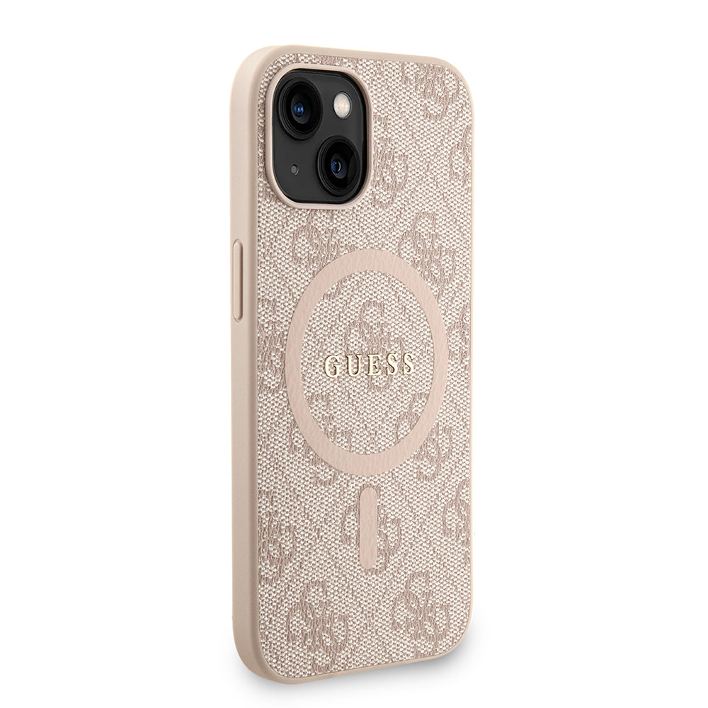 Apple iPhone 14 Kılıf Guess M-safe Şarj Özellikli Bilek Askı İpli Yazı Logolu Kapak Pembe
