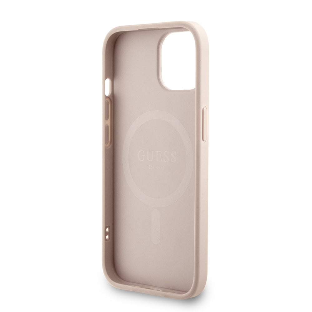 Apple iPhone 14 Kılıf Guess M-safe Şarj Özellikli Bilek Askı İpli Yazı Logolu Kapak Pembe