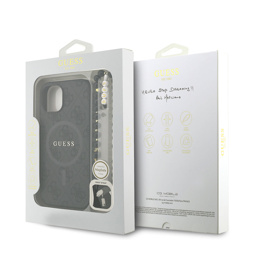 Apple iPhone 14 Kılıf Guess M-safe Şarj Özellikli Bilek Askı İpli Yazı Logolu Kapak Siyah