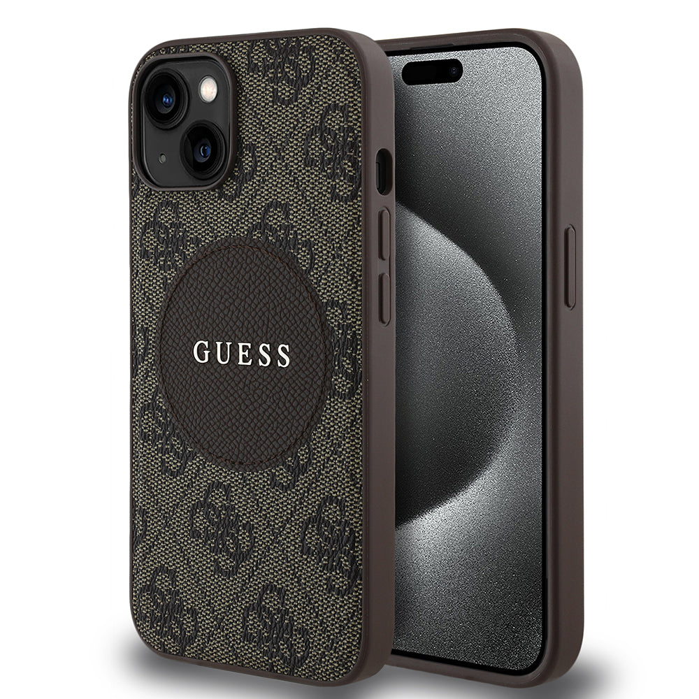 Apple iPhone 14 Kılıf Guess Magsafe Şarj Özellikli Circle Classic Kapak Kahverengi