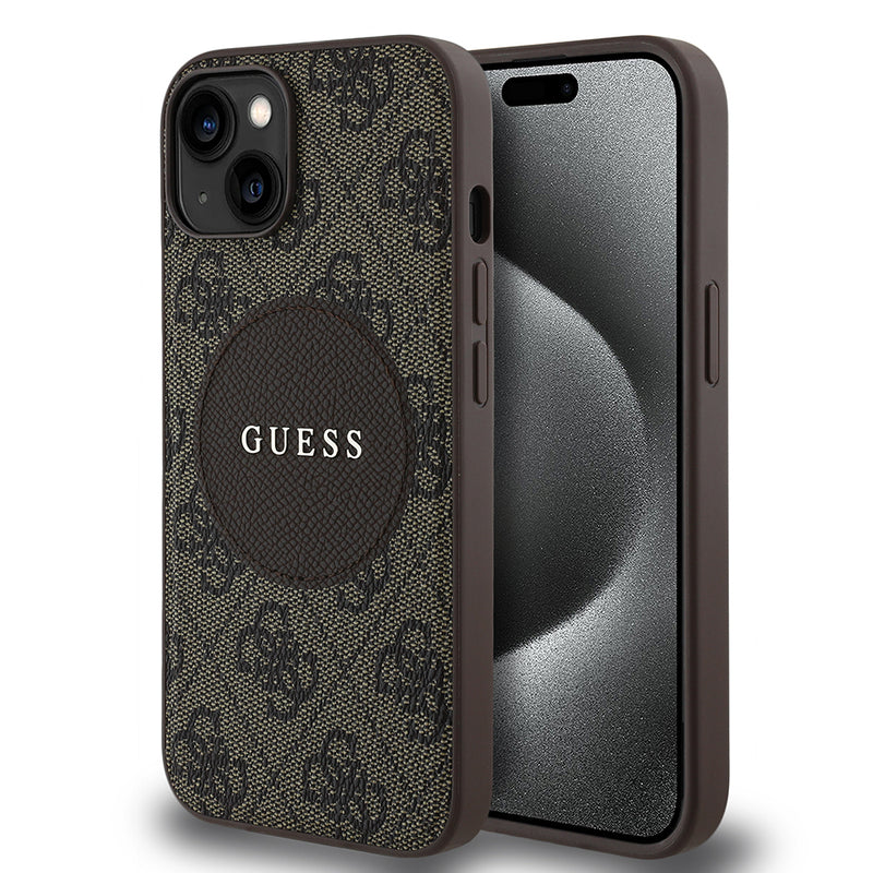Apple iPhone 14 Kılıf Guess Magsafe Şarj Özellikli Circle Classic Kapak Kahverengi