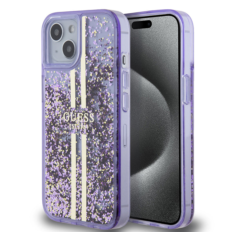 Apple iPhone 15 Kılıf Guess Transparan Sıvılı Simli Çizgili Kapak Mor