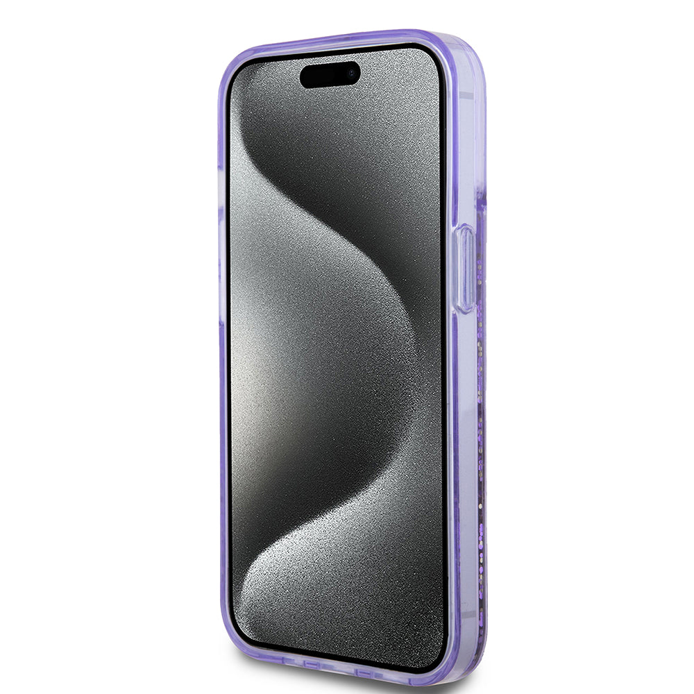 Apple iPhone 14 Kılıf Guess Transparan Sıvılı Simli Çizgili Kapak Mor
