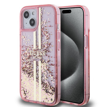 Apple iPhone 14 Kılıf Guess Transparan Sıvılı Simli Çizgili Kapak Pembe