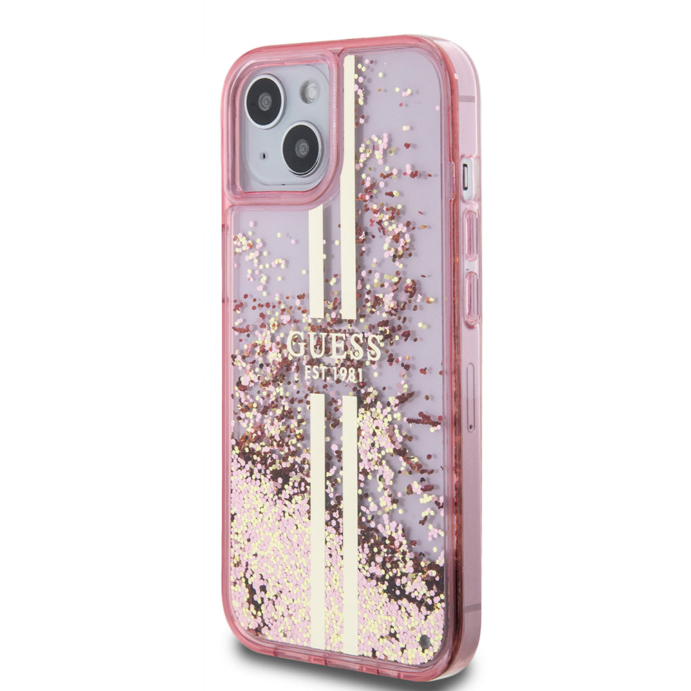 Apple iPhone 14 Kılıf Guess Transparan Sıvılı Simli Çizgili Kapak Pembe