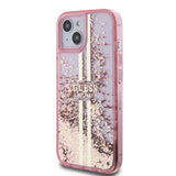 Apple iPhone 15 Kılıf Guess Transparan Sıvılı Simli Çizgili Kapak Pembe