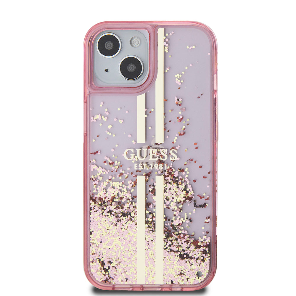 Apple iPhone 14 Kılıf Guess Transparan Sıvılı Simli Çizgili Kapak Pembe