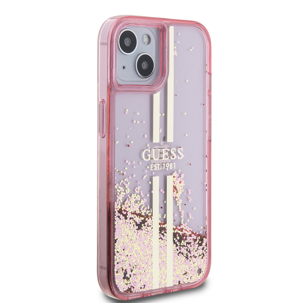 Apple iPhone 14 Kılıf Guess Transparan Sıvılı Simli Çizgili Kapak Pembe