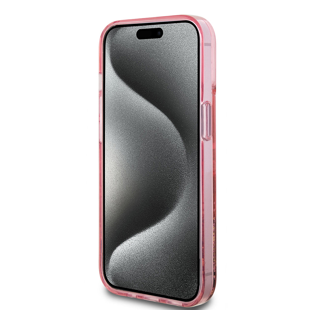 Apple iPhone 14 Kılıf Guess Transparan Sıvılı Simli Çizgili Kapak Pembe