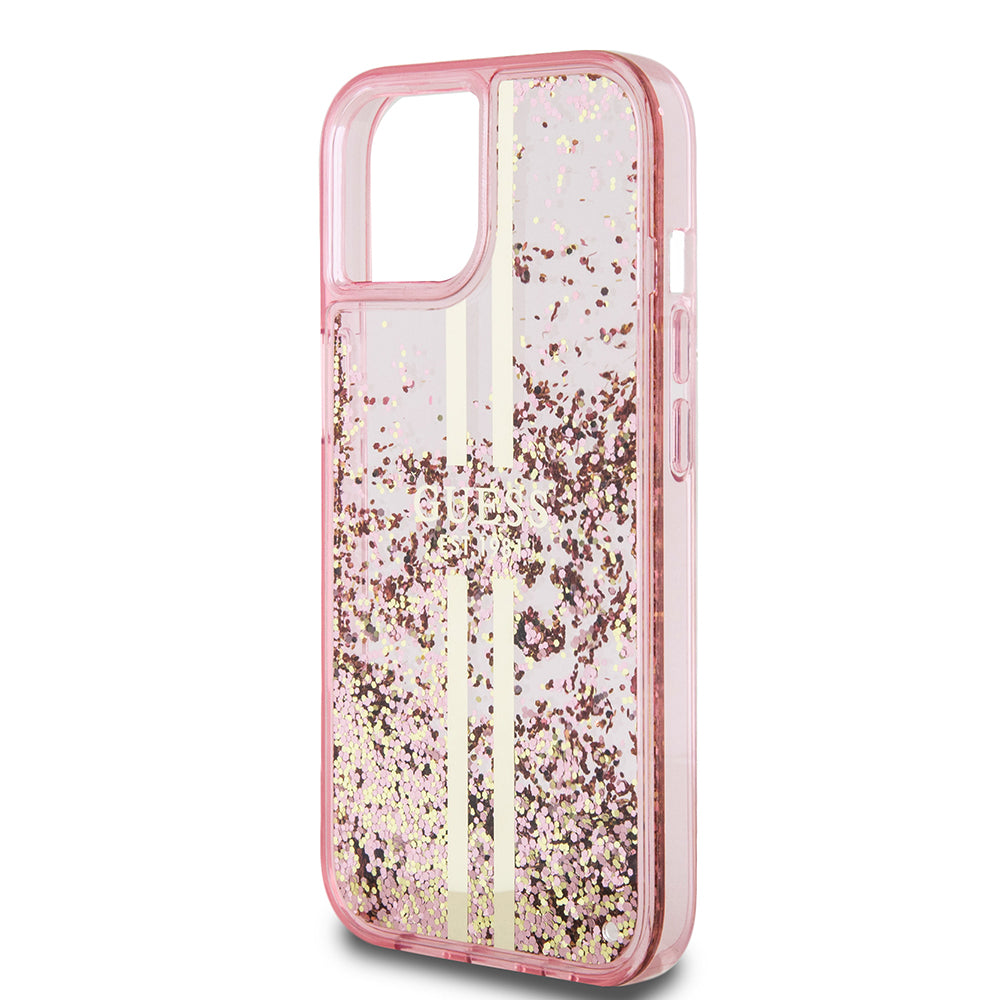 Apple iPhone 14 Kılıf Guess Transparan Sıvılı Simli Çizgili Kapak Pembe
