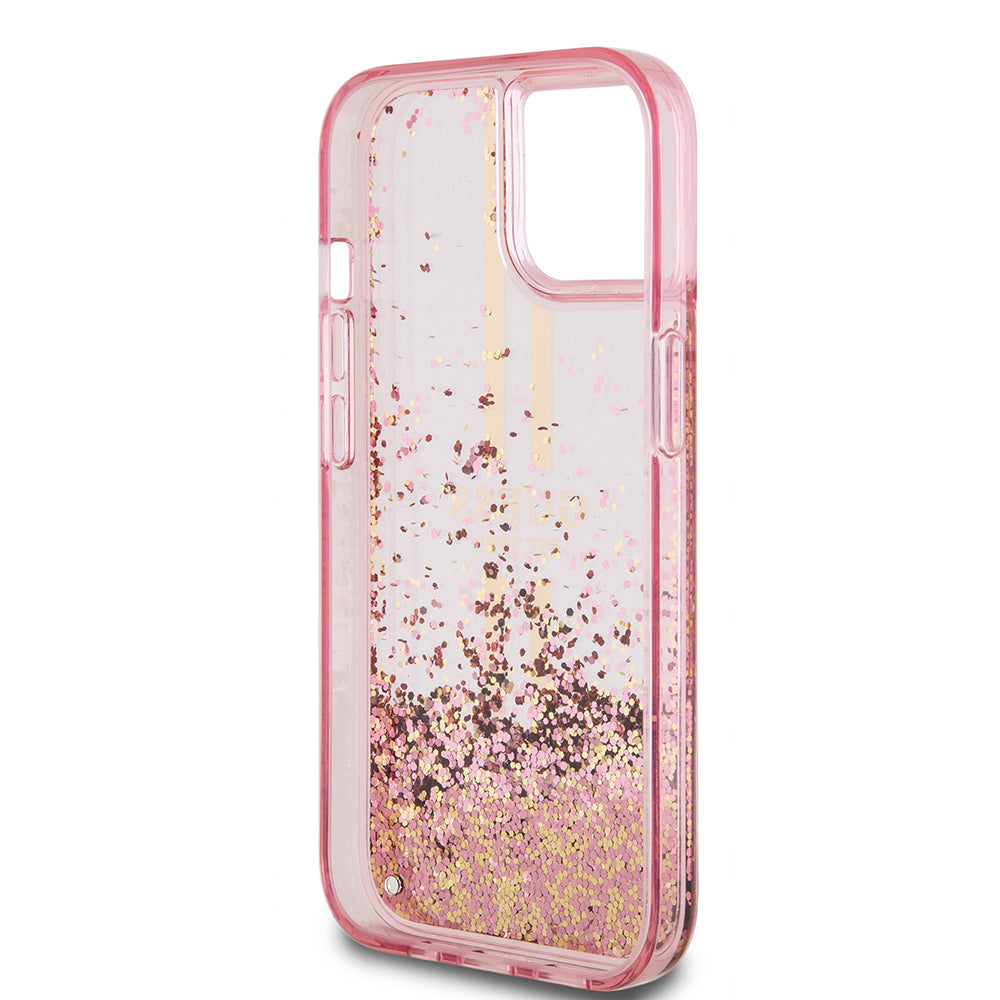 Apple iPhone 14 Kılıf Guess Transparan Sıvılı Simli Çizgili Kapak Pembe