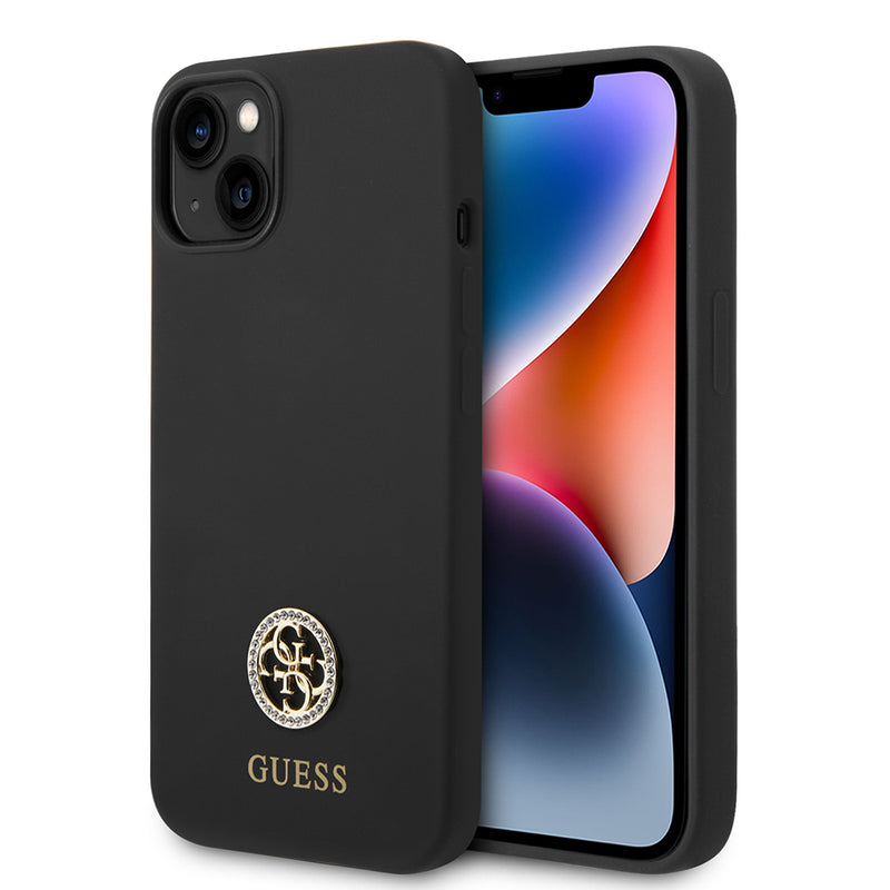 Apple iPhone 14 Kılıf Guess Yazı ve Taşlı 4G Logolu Silikon Kapak Siyah