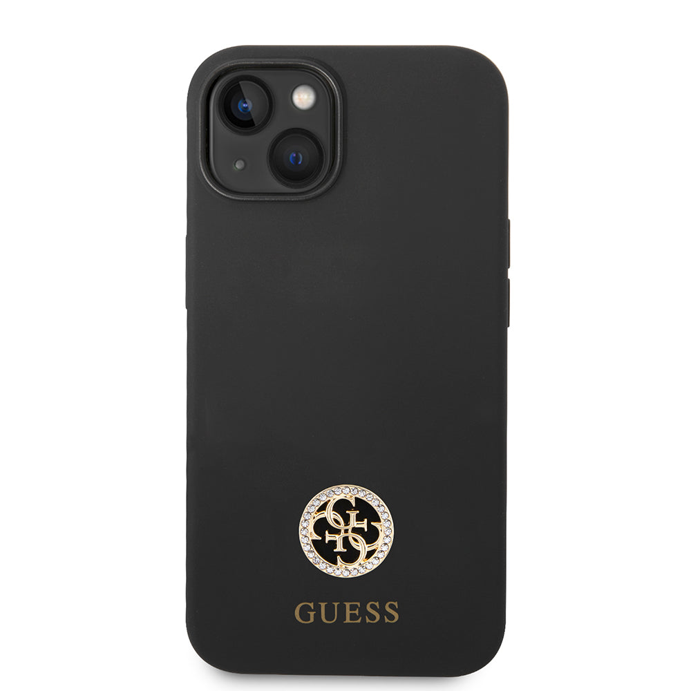 Apple iPhone 14 Kılıf Guess Yazı ve Taşlı 4G Logolu Silikon Kapak Siyah
