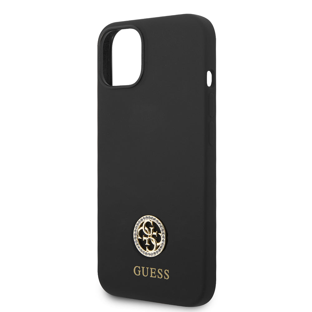 Apple iPhone 14 Kılıf Guess Yazı ve Taşlı 4G Logolu Silikon Kapak Siyah
