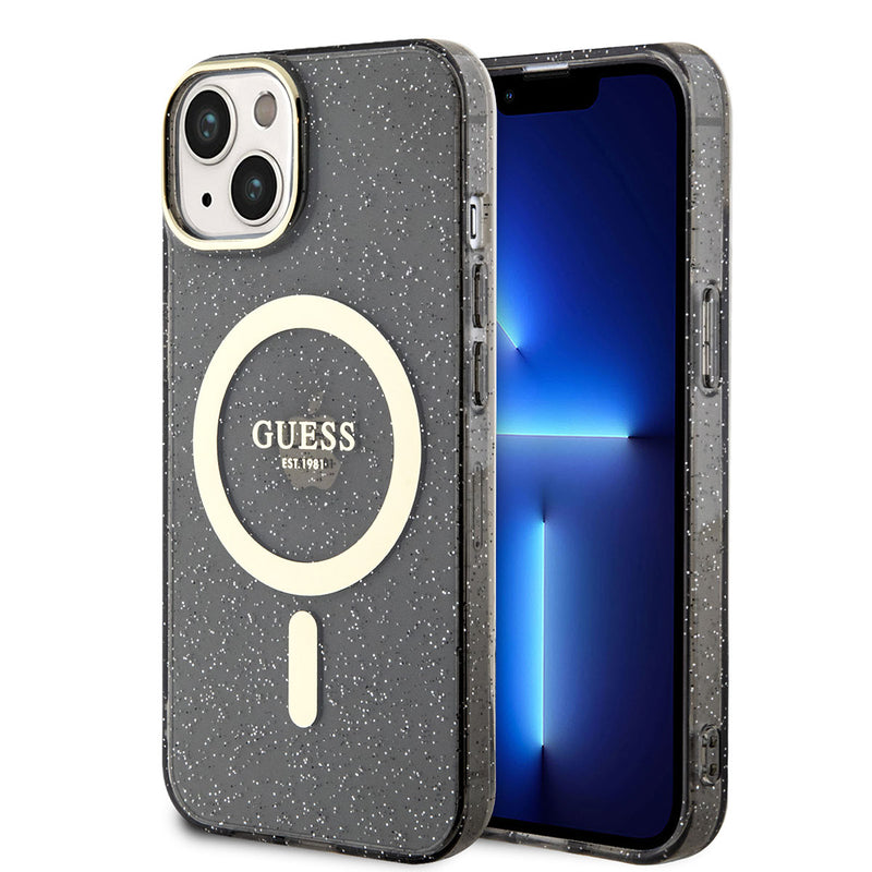 Apple iPhone 14 Kılıf Guess Magsafe Şarj Özellikli Glitter Kapak Siyah