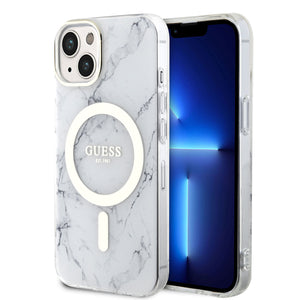 Apple iPhone 14 Plus Kılıf Guess Magsafe Şarj Özellikli Mermer Desenli Kapak Beyaz