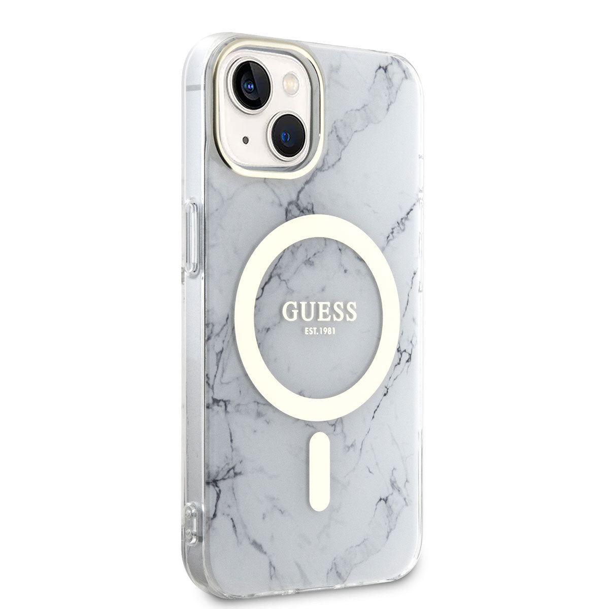 Apple iPhone 14 Plus Kılıf Guess Magsafe Şarj Özellikli Mermer Desenli Kapak Beyaz