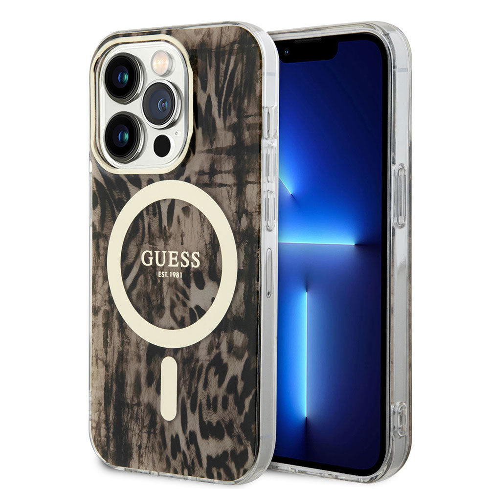 Apple iPhone 14 Pro Kılıf Guess Magsafe Şarj Özellikli Leopar Desenli Kapak Kahverengi