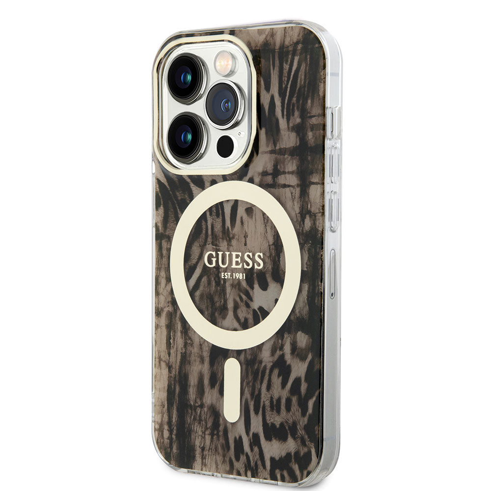 Apple iPhone 14 Pro Kılıf Guess Magsafe Şarj Özellikli Leopar Desenli Kapak Kahverengi