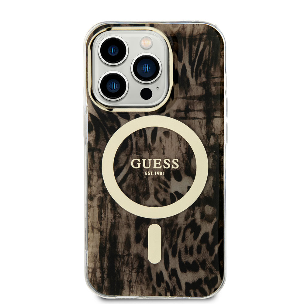 Apple iPhone 14 Pro Kılıf Guess Magsafe Şarj Özellikli Leopar Desenli Kapak Kahverengi