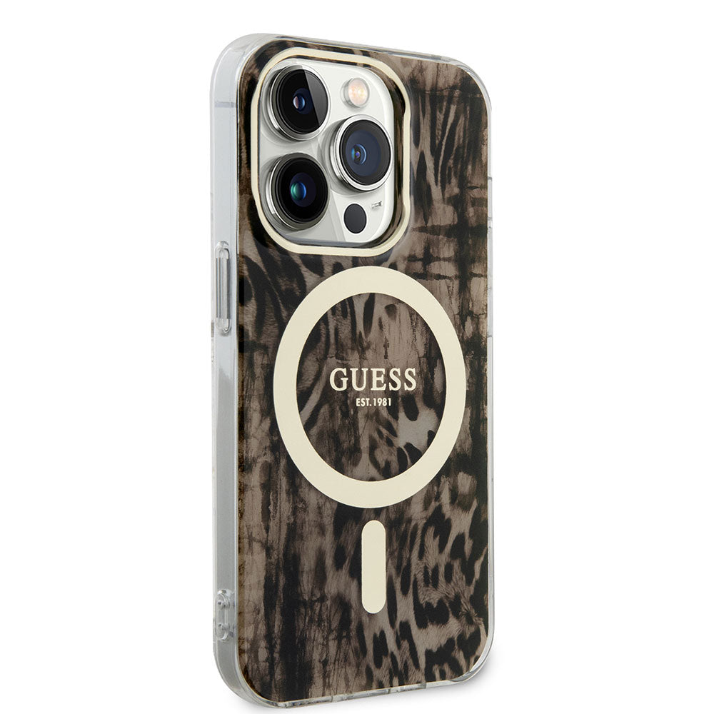 Apple iPhone 14 Pro Kılıf Guess Magsafe Şarj Özellikli Leopar Desenli Kapak Kahverengi