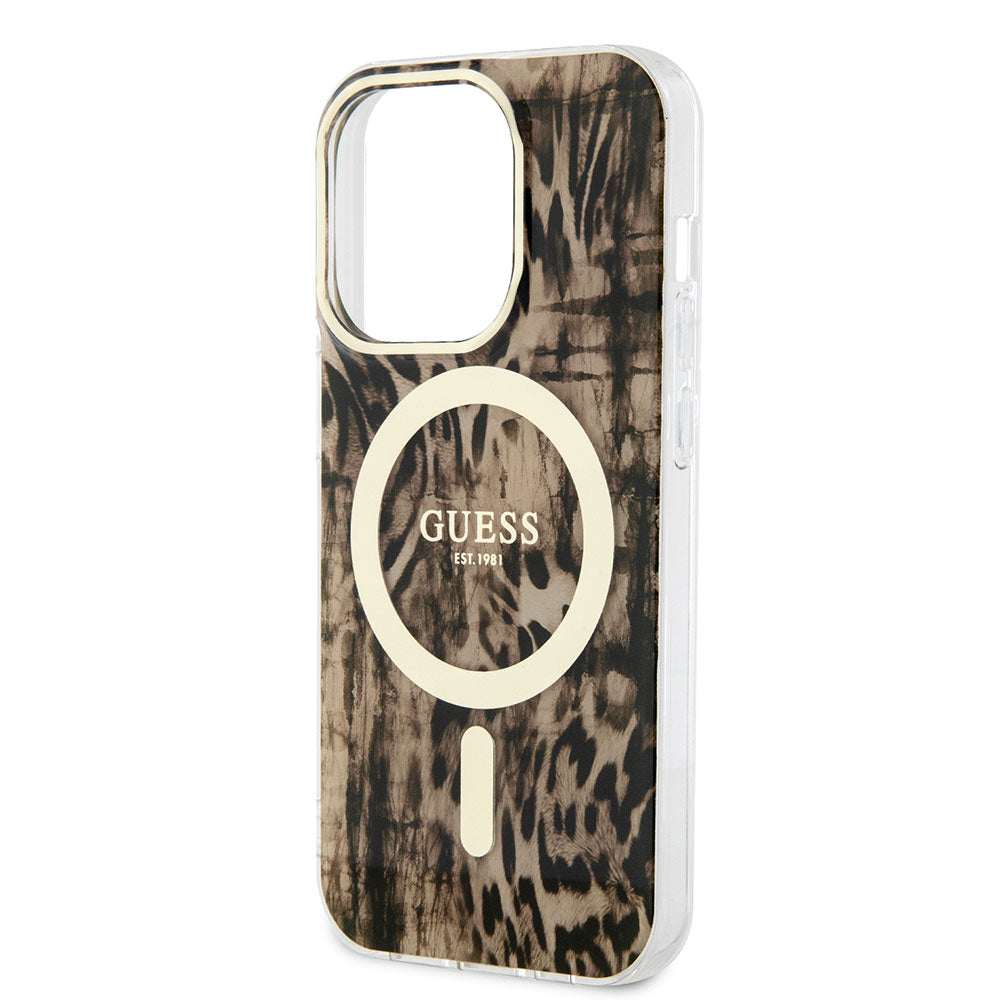 Apple iPhone 14 Pro Kılıf Guess Magsafe Şarj Özellikli Leopar Desenli Kapak Kahverengi