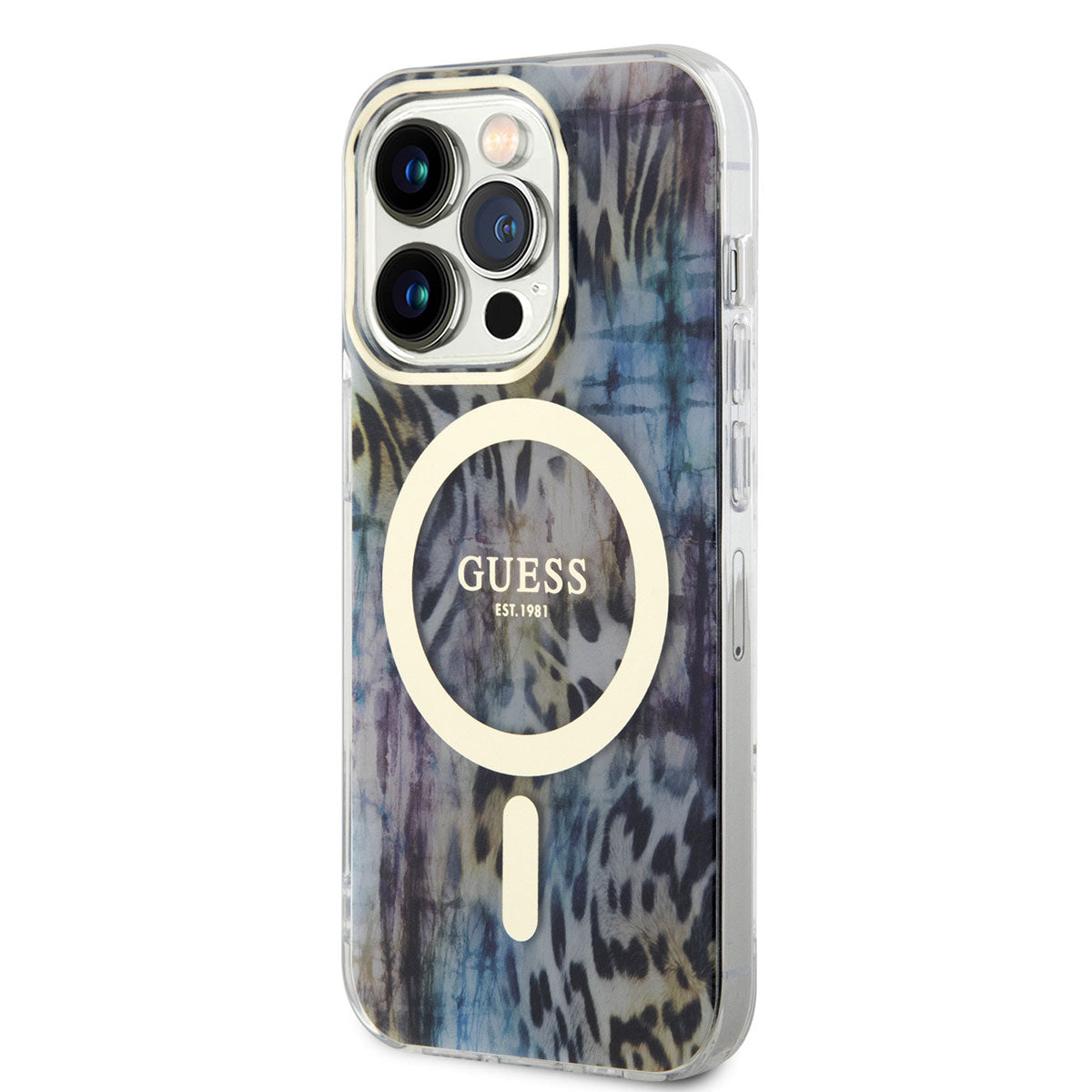Apple iPhone 14 Pro Kılıf Guess Magsafe Şarj Özellikli Leopar Desenli Kapak Mavi