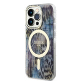 Apple iPhone 14 Pro Kılıf Guess Magsafe Şarj Özellikli Leopar Desenli Kapak Mavi