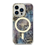 Apple iPhone 14 Pro Kılıf Guess Magsafe Şarj Özellikli Leopar Desenli Kapak Mavi