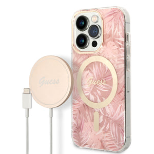 Apple iPhone 14 Pro Kılıf Guess Magsafe Şarj Özellikli Yaprak Desenli Magsafe Şarj Kablolu Kapak Pembe