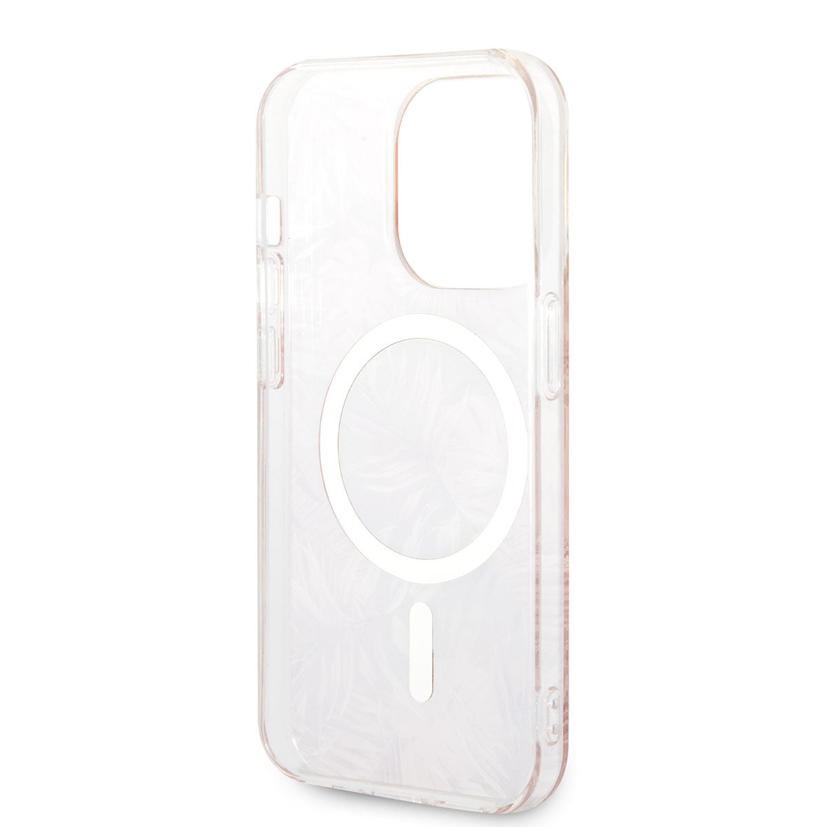 Apple iPhone 14 Pro Kılıf Guess Magsafe Şarj Özellikli Yaprak Desenli Magsafe Şarj Kablolu Kapak Pembe