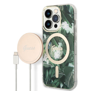 Apple iPhone 14 Pro Kılıf Guess Magsafe Şarj Özellikli Yaprak Desenli Magsafe Şarj Kablolu Kapak Yeşil