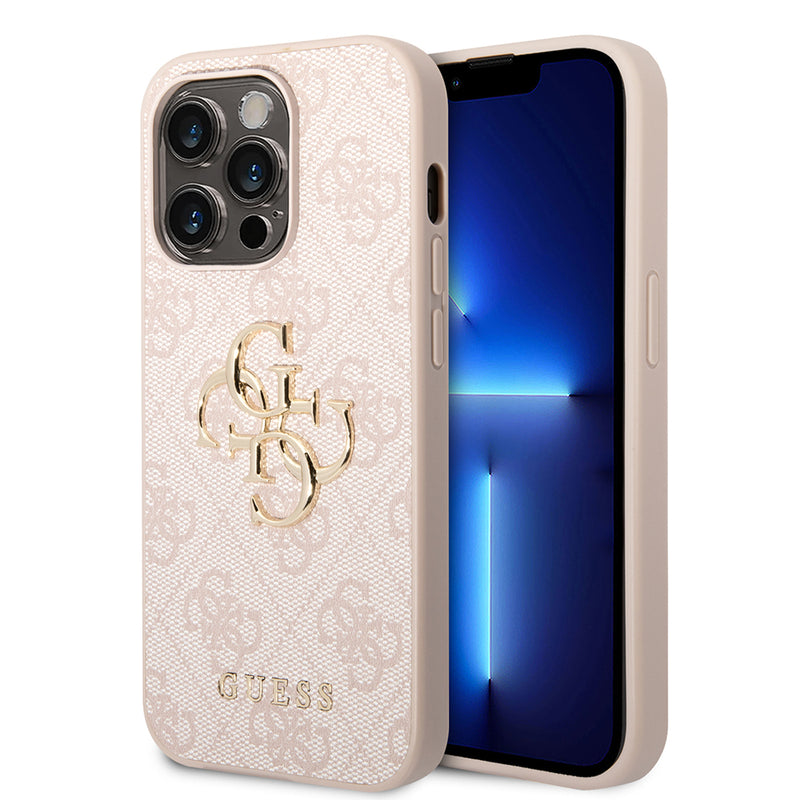 Apple iPhone 14 Pro Kılıf Guess PU Deri Büyük Metal Logolu Kapak Pembe
