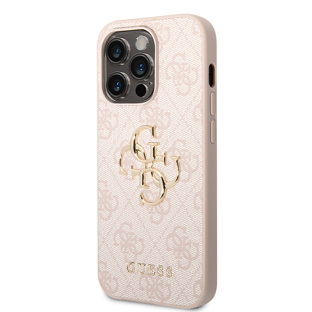 Apple iPhone 14 Pro Kılıf Guess PU Deri Büyük Metal Logolu Kapak Pembe