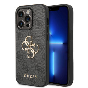 Apple iPhone 14 Pro Kılıf Guess PU Deri Büyük Metal Logolu Kapak Siyah