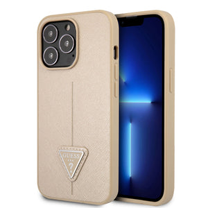 Apple iPhone 14 Pro Kılıf Guess PU Safran Deri Üçgen Logolu Kapak Gold