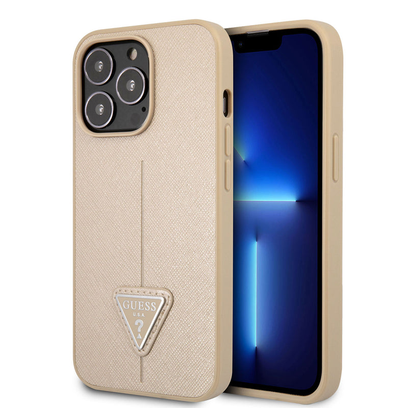 Apple iPhone 14 Pro Kılıf Guess PU Safran Deri Üçgen Logolu Kapak Gold