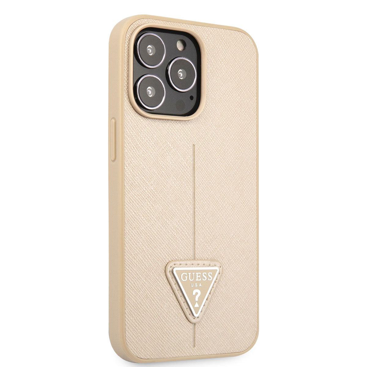 Apple iPhone 14 Pro Kılıf Guess PU Safran Deri Üçgen Logolu Kapak Gold