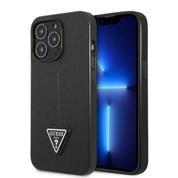 Apple iPhone 14 Pro Kılıf Guess PU Safran Deri Üçgen Logolu Kapak Siyah