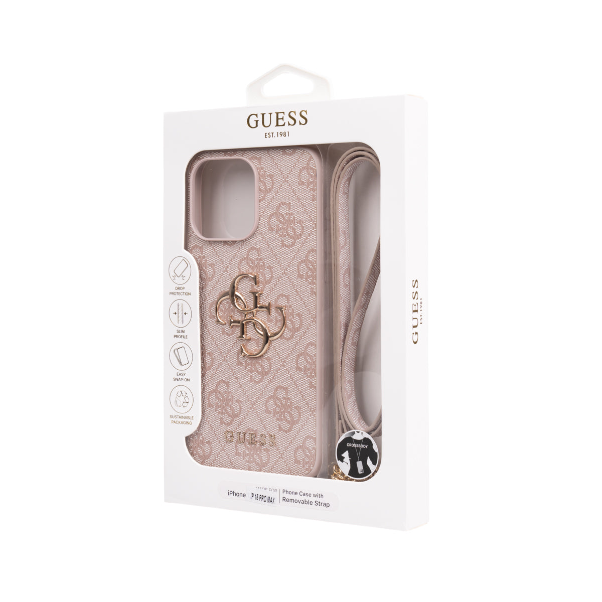 Apple iPhone 14 Pro Max Kılıf Guess 4G Büyük Metal Logolu Askılı Kapak Pembe