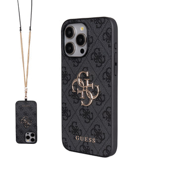 Apple iPhone 14 Pro Max Kılıf Guess 4G Büyük Metal Logolu Askılı Kapak Siyah