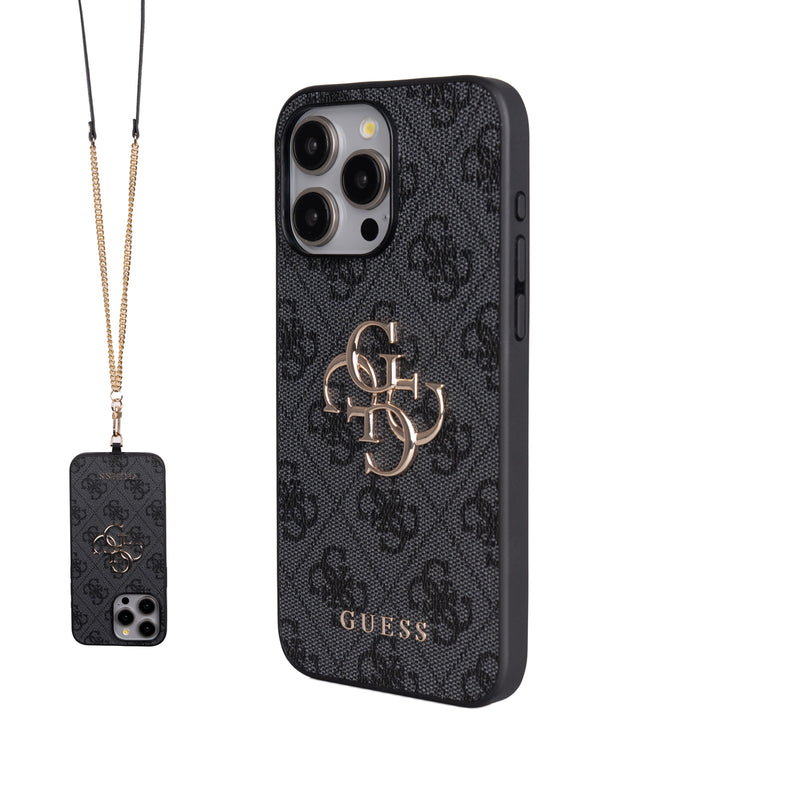 Apple iPhone 14 Pro Max Kılıf Guess 4G Büyük Metal Logolu Askılı Kapak Siyah