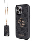 Apple iPhone 14 Pro Max Kılıf Guess 4G Büyük Metal Logolu Askılı Kapak Siyah