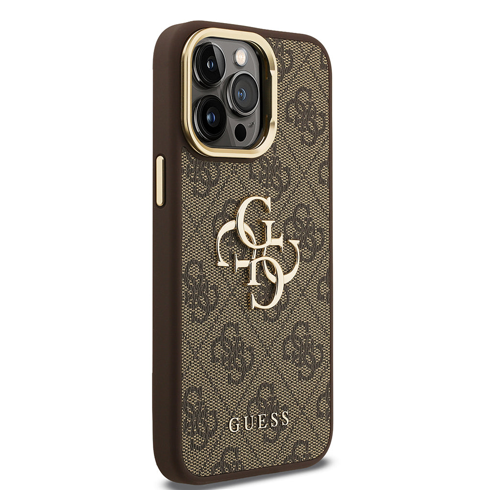 Apple iPhone 14 Pro Max Kılıf Guess Kamera Standlı Kapak 4G Desenli Metal 4G Logolu Kahverengi