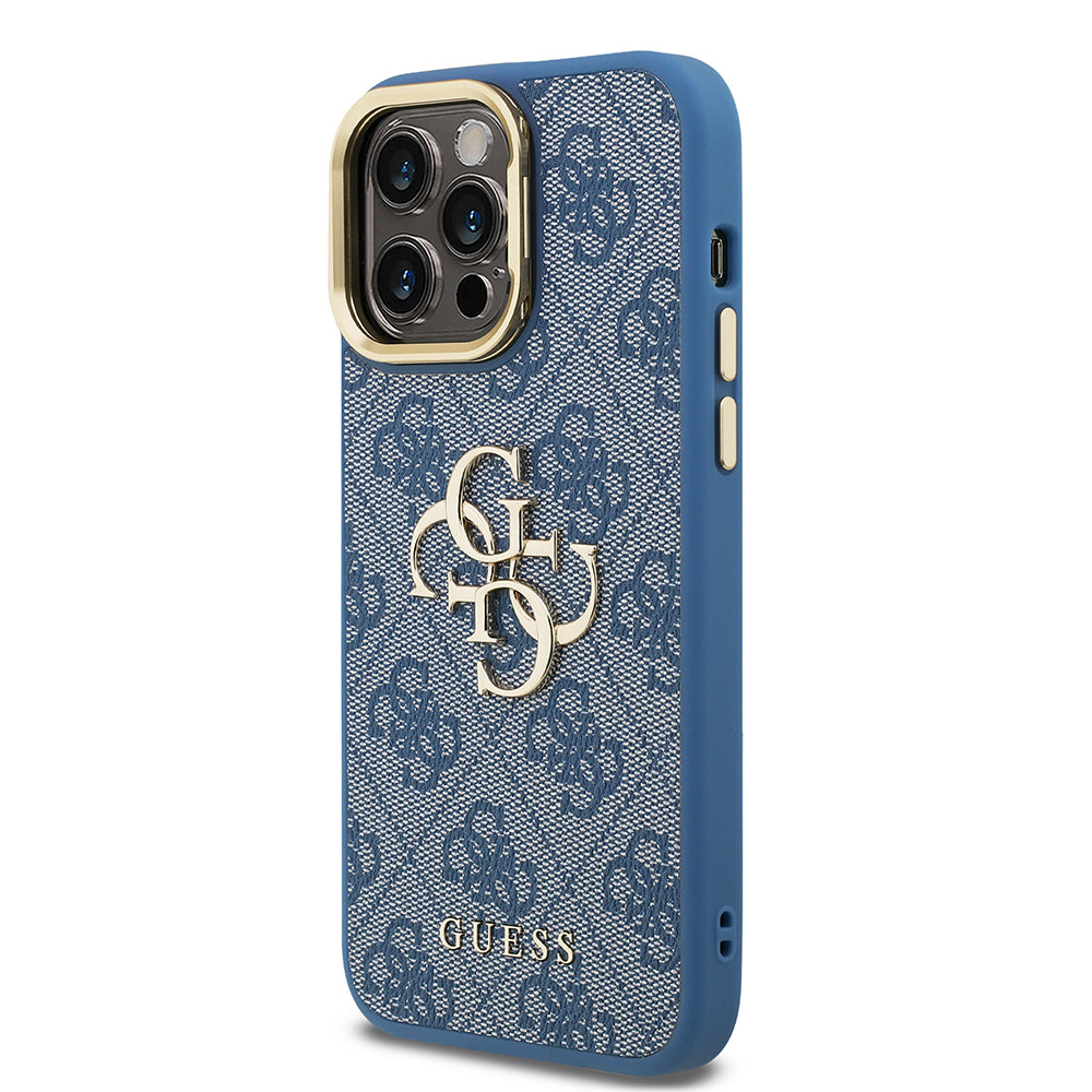 Apple iPhone 14 Pro Max Kılıf Guess Kamera Standlı Kapak 4G Desenli Metal 4G Logolu Mavi