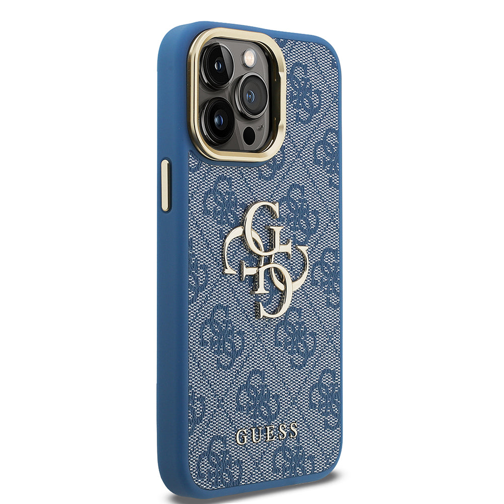 Apple iPhone 14 Pro Max Kılıf Guess Kamera Standlı Kapak 4G Desenli Metal 4G Logolu Mavi