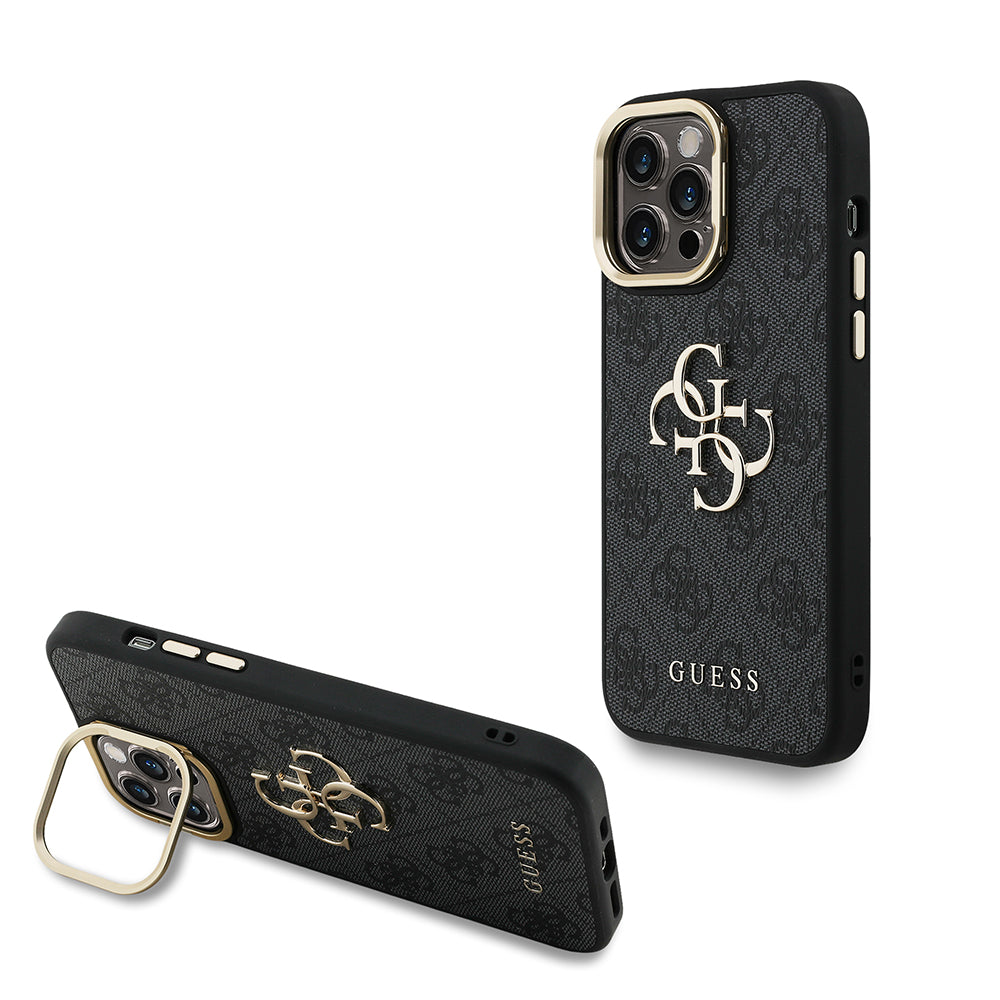 Apple iPhone 14 Pro Max Kılıf Guess Kamera Standlı Kapak 4G Desenli Metal 4G Logolu Siyah