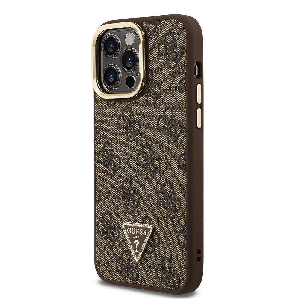 Apple iPhone 14 Pro Max Kılıf Guess Kamera Standlı M-Safe Özellikli Kapak Üçgen Logo 4G Desenli Kahverengi