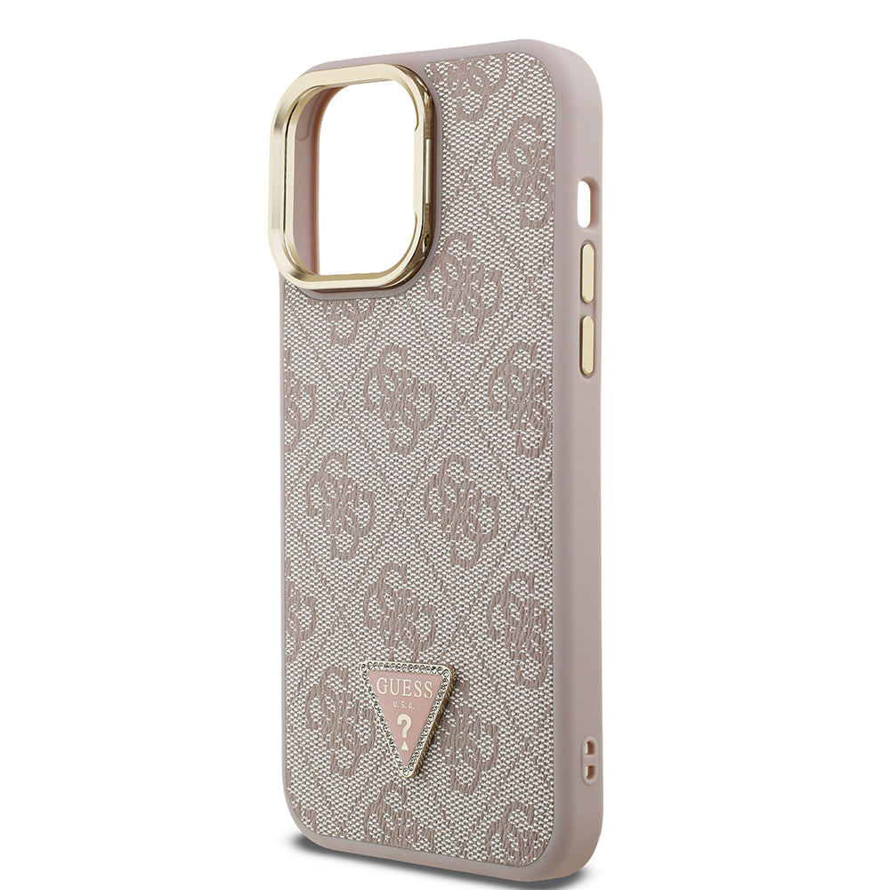 Apple iPhone 14 Pro Max Kılıf Guess Kamera Standlı M-Safe Özellikli Kapak Üçgen Logo 4G Desenli Pembe