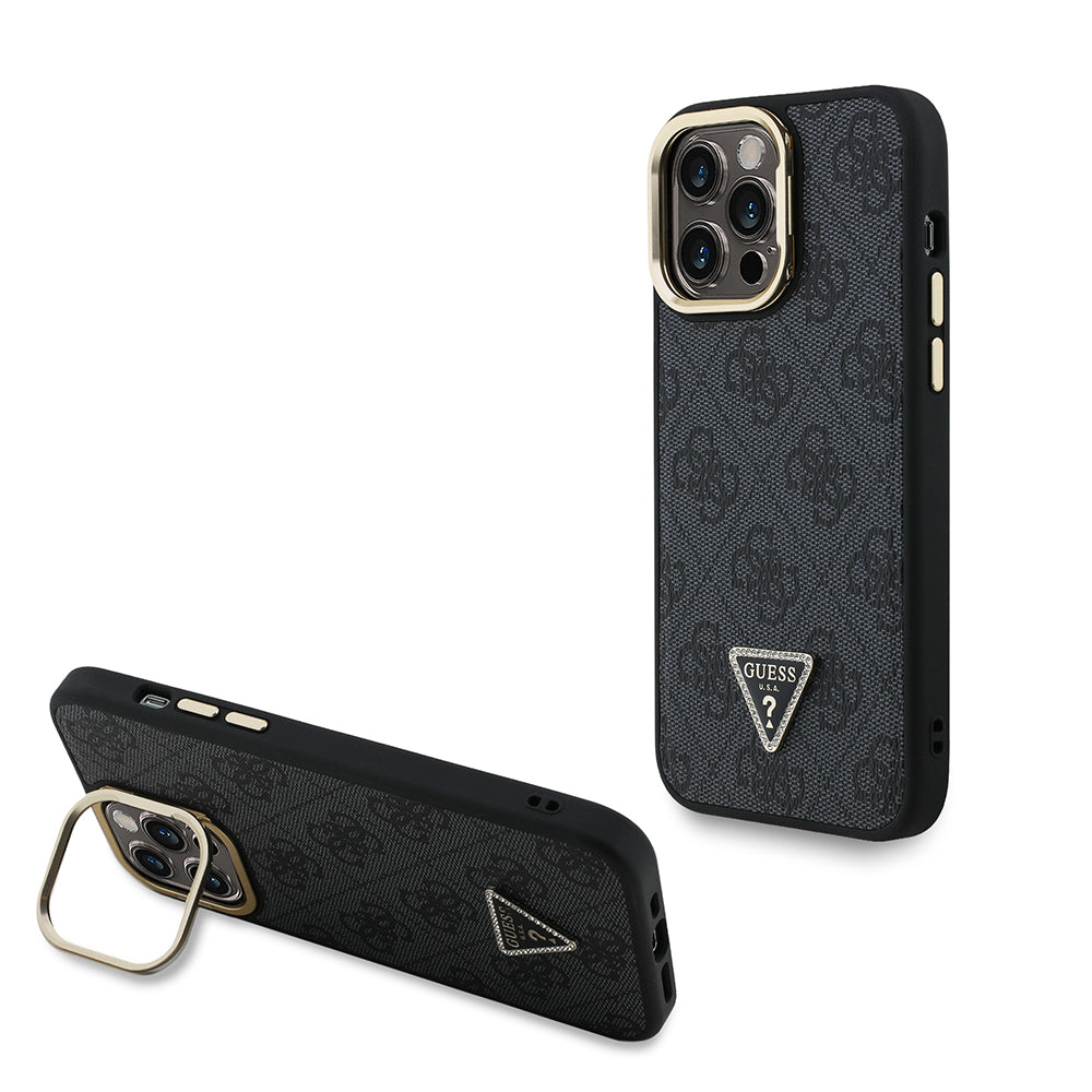 Apple iPhone 14 Pro Max Kılıf Guess Kamera Standlı M-Safe Özellikli Kapak Üçgen Logo 4G Desenli Siyah